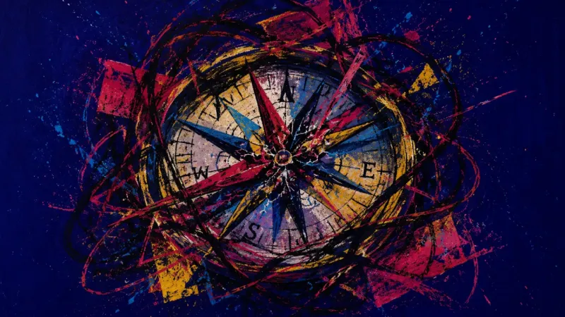 False North A distorted compass trapped in tangled marks, representing shame-driven overchecking and lost inner