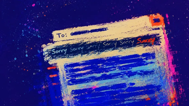 An email draft where the opening 'Sorry' is repeatedly erased and a short update balloons into piled