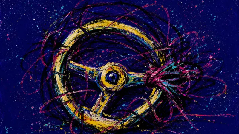 Wheel Under Siege A warped steering wheel tangled in chaotic marks, representing overwhelm, money stress, and stalled