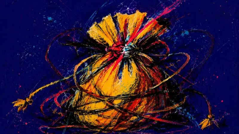 Cinch of Doubt A drawstring pouch cinched into chaotic tangles, reflecting commitment anxiety and the fear of being