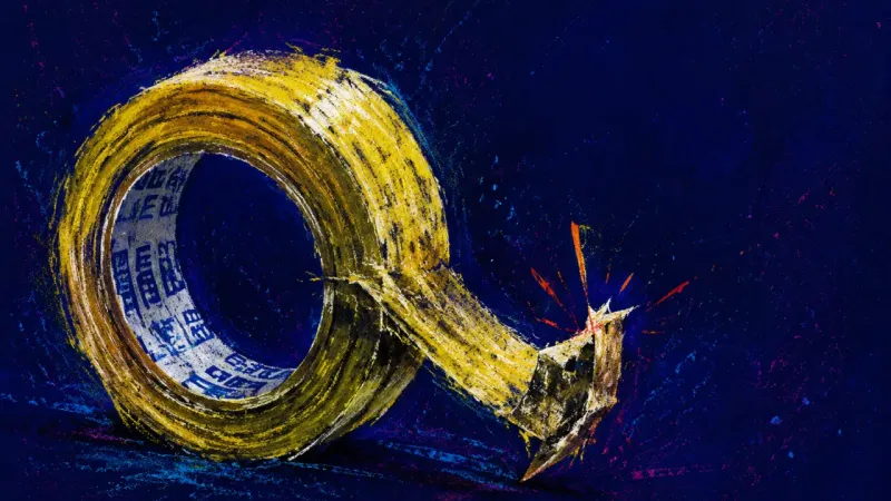 A roll of packing tape repeatedly peeled and pressed over itself, suggesting the reflex to over-acom