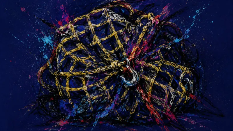 A cargo net pulled into a constricted tangle, representing people-pleasing, guilt, and the fear tha
