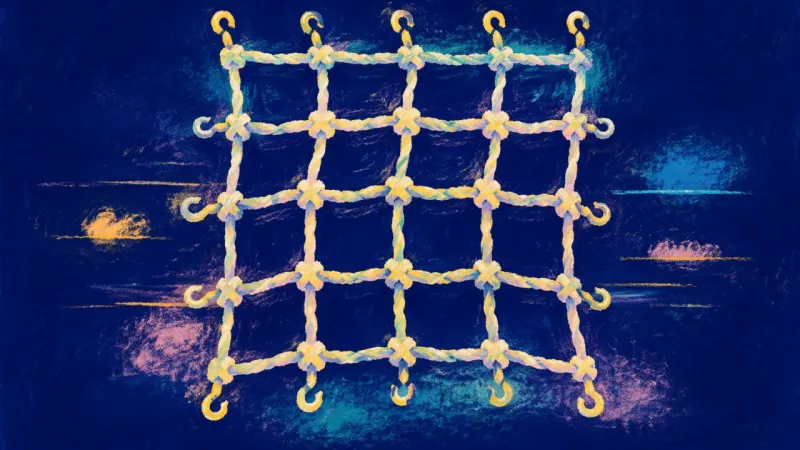 A cargo net restored to an even lattice, expressing honest limits, self-trust, and steadier mutual