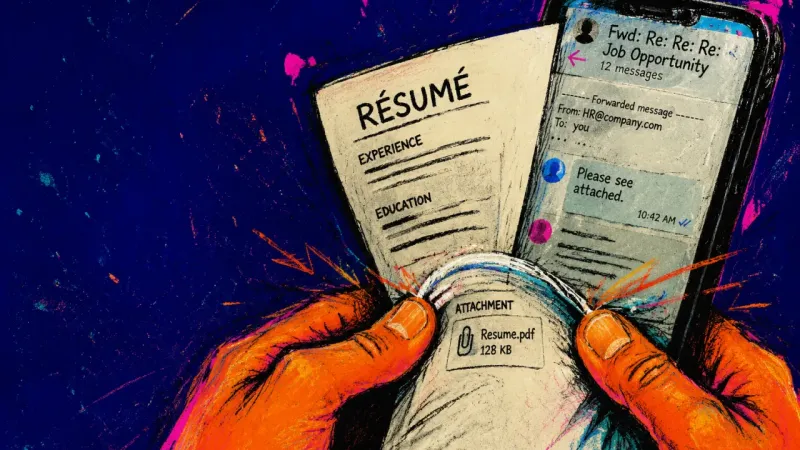 A phone showing a forwarded résumé email pressed into a bent résumé page, symbolizing lost control в