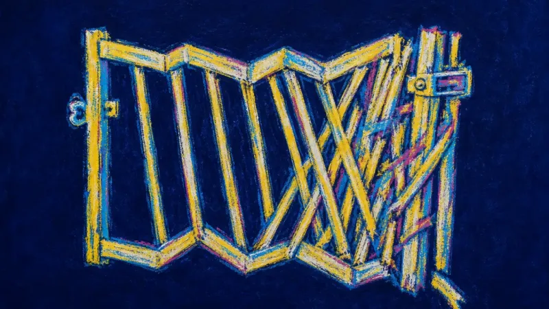 A distorted baby gate trapped in chaotic pressure lines, representing a job-search boundary warped b