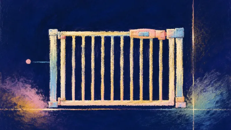 A restored baby gate in balanced order, symbolizing a job-search boundary rebuilt through consent, c