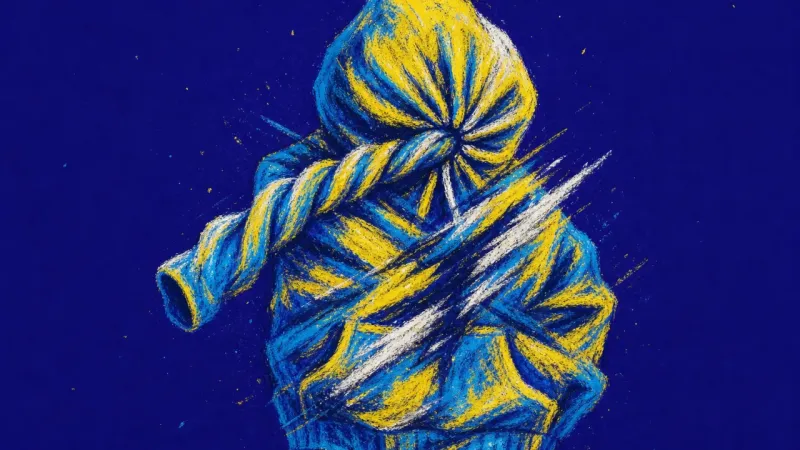 An abstract hoodie caught in knots and crushing lines, representing breakup limbo, avoidance, and a