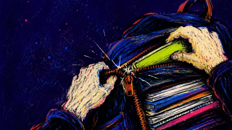 No Margin Left An overstuffed backpack with one more folder forced under the zipper, symbolizing prestige pressure