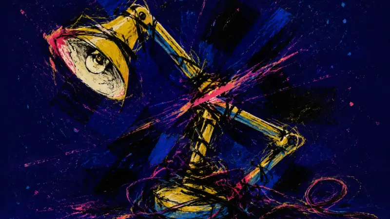 Forced Angle A desk lamp twisted into clashing angles and dense chaos, expressing decision paralysis, deadline