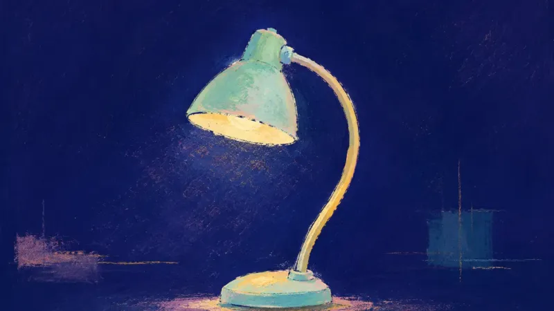 Steady Arc A desk lamp returns to a balanced, orderly form, symbolizing a sustainable decision, restored margin