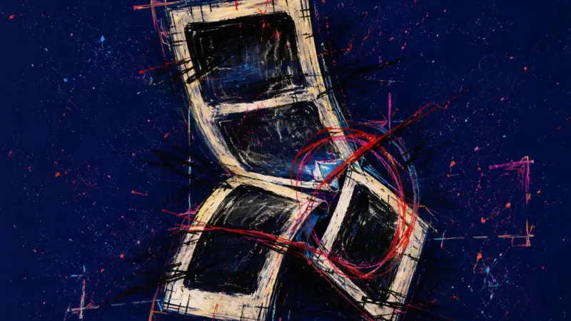 Snapshot on Trial A warped photo strip tangled in obsessive marks, representing selfie anxiety, comparison, and fear t