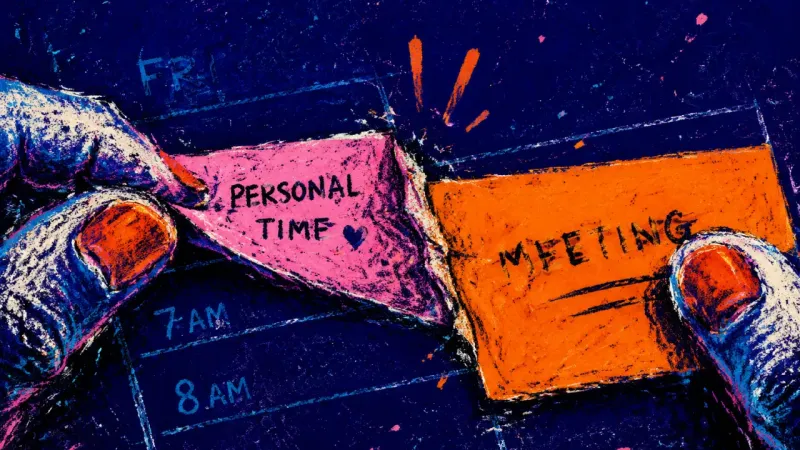 The Replaced Hour A personal-time block peeled from a weekly planner and replaced, symbolizing self-erasure in chronic