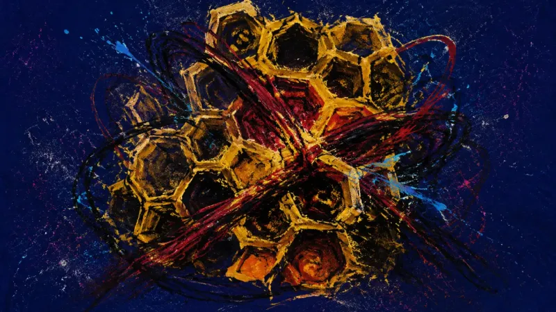 Crushed Cells An abstract honeycomb crushed into tangled, uneven cells, representing overcommitment, guilt, and a
