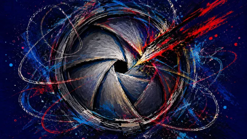 An abstract camera iris jammed into a cramped opening, expressing guilt, over-monitoring, and the pr