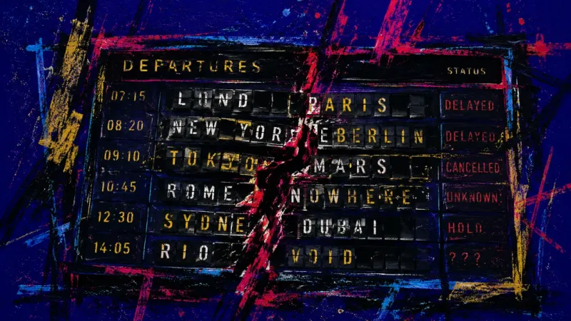 Jammed Departures A departure board jammed in chaotic misalignment, expressing deadline-driven overthinking and the pr