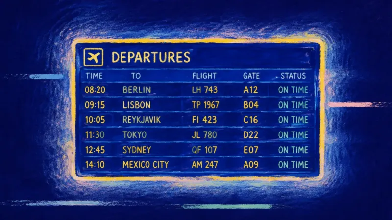 Quiet Alignment A departure board restored to clean alignment, expressing a firm choice, clear boundaries, and quiet