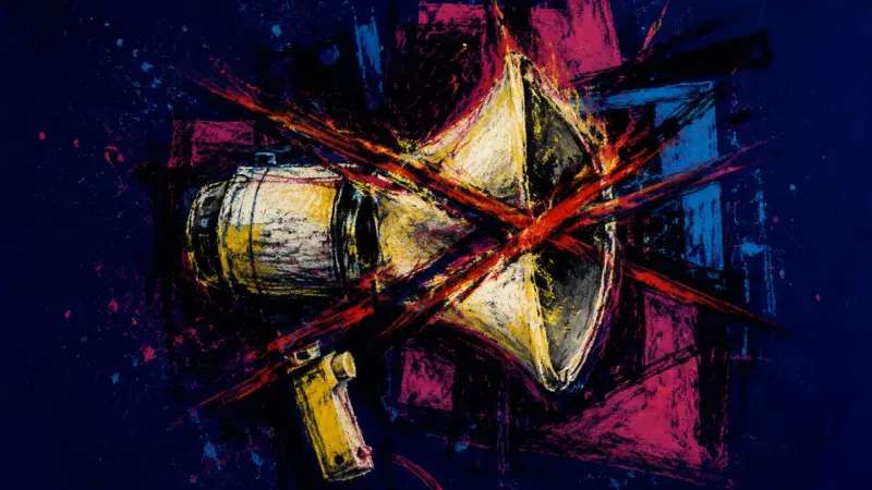 A distorted megaphone trapped in chaotic marks, representing public humiliation, self-silencing, an