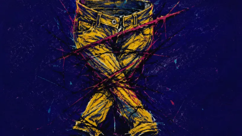 Fit on Trial A pair of trousers twisted and trapped in chaotic lines, symbolizing body shame, control, and the