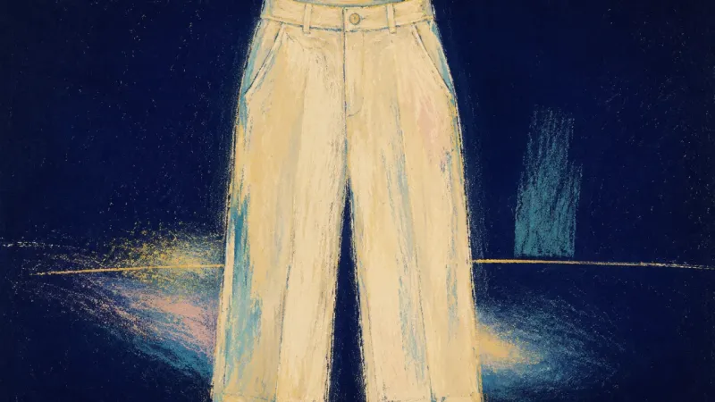 Restored Proportion A pair of trousers returns to a clean balanced shape, expressing body-neutral clarity, self-respect,