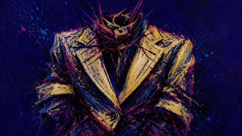 Held in Limbo An abstract visual of shame-driven outfit avoidance, where a blazer is compressed and tangled into a