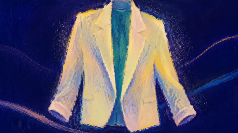 Worn into Trust An abstract visual of self-worth rebuilding through gentle visibility, where a blazer regains open,.