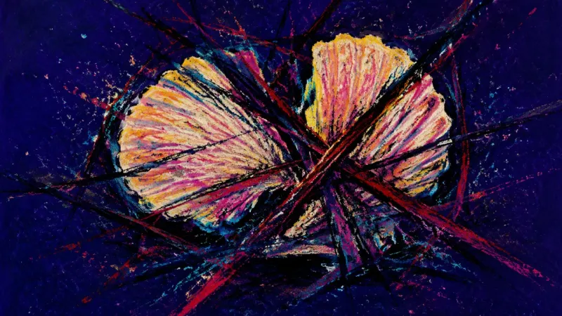 A clam shell warped and pried apart by chaotic lines, representing shame, self-silencing, and