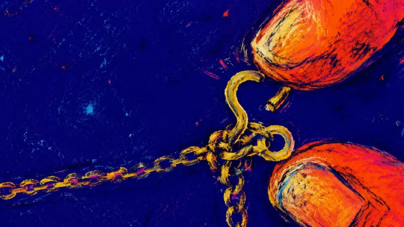 The Unfastened Hour Two fingers struggle with a necklace clasp twisted into a knot, symbolizing guilt and indecision قبل