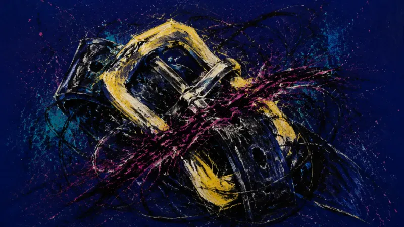 Crooked Commitment A buckle warped and jammed across multiple openings, expressing guilt, overthinking, and the press
