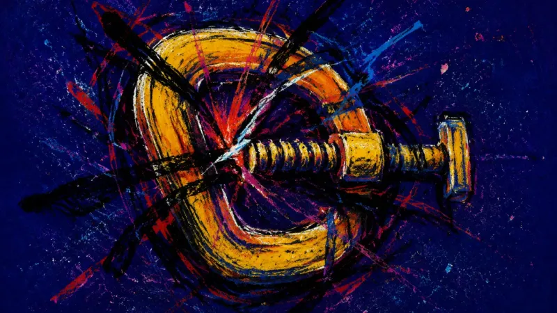 Clamped Silence A clamp crushed inward and tangled in chaotic lines, symbolizing the pressure of staying silent to