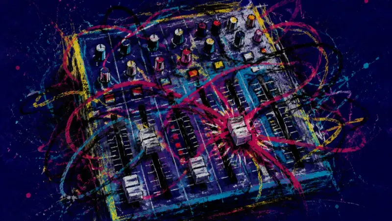Maxed Channels A distorted mixing board with jammed sliders and tangled marks, representing burnout, overcompensat