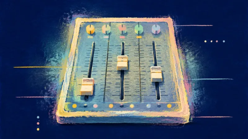 Calibrated Rhythm A restored mixing board with balanced sliders and clean channels, representing burnout recovery th