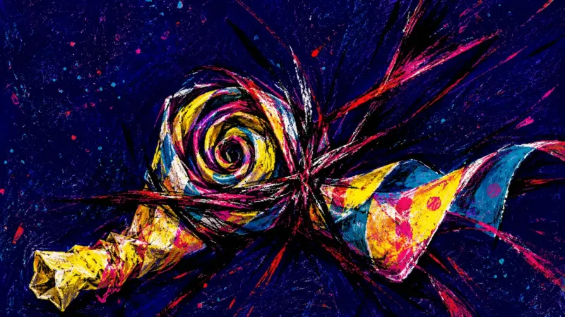 Choked Celebration A party horn appears jammed and constricted, symbolizing hurt kept quiet until resentment distorts t
