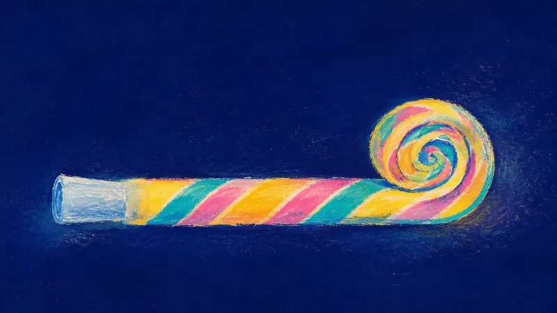 Clear Signal A party horn returns to a clean, open form, symbolizing direct truth, self-respect, and steadier, 현실