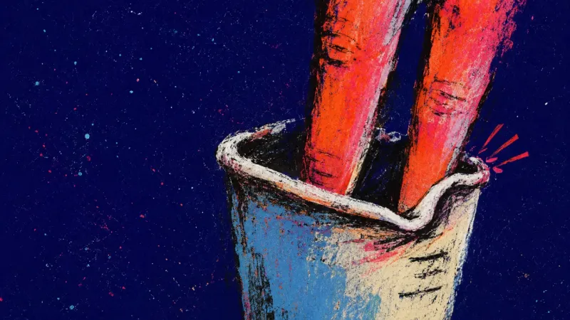 Two fingers crush a to-go cup until the rim caves inward, echoing the pressure of a late-night grade