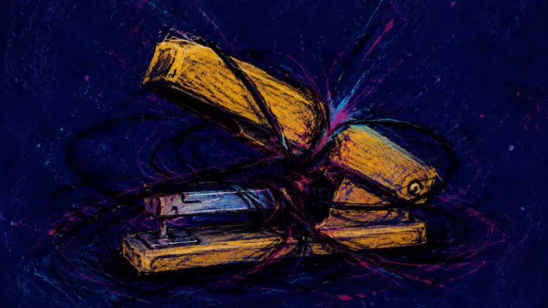A distorted stapler caught in dense tangled marks, representing shame-driven indecision and