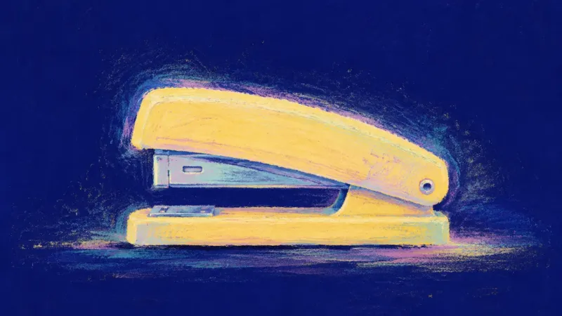 A realigned stapler with clean open contours, representing shame easing into a grounded decision and