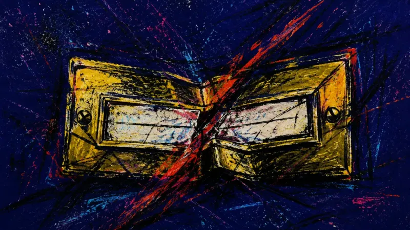 A distorted nameplate tangled in crossing marks, expressing pronouns-in-bio anxiety and the fear of