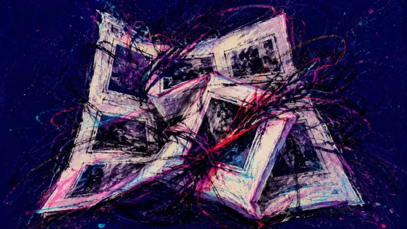 Proof Under Pressure A sheet of small photo frames warped by repeated checking and crowded marks, showing nostalgia hoar