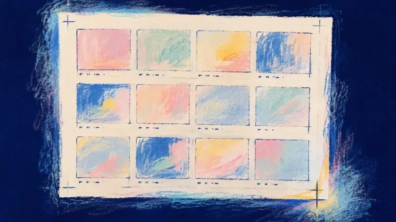 Quiet Archive A sheet of small photo frames restored to a calm, orderly grid, showing a respectful archive and