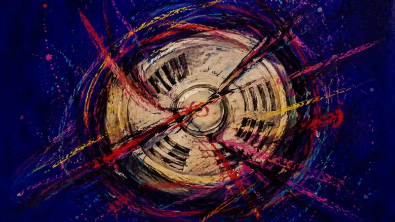 False Alarm A distorted smoke detector engulfed by frantic lines, representing a nervous system thrown into