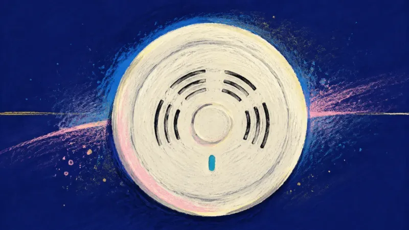 Steady Signal A restored smoke detector with balanced rings and steady vents, symbolizing calm boundaries and self