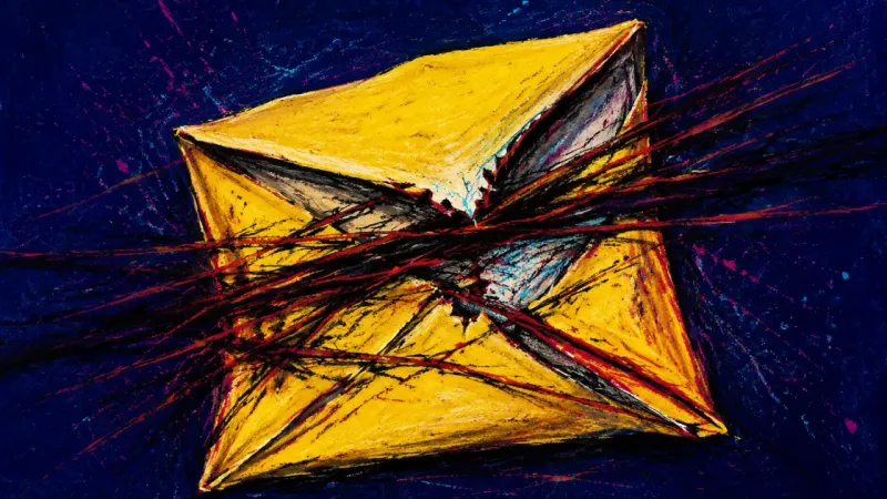 Split Confidence An envelope pulled open and trapped in chaotic lines, showing the pressure of a family privacy brea.