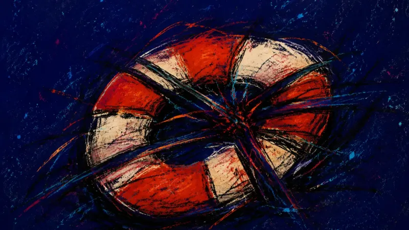Choked Lifeline A warped lifebuoy squeezed almost shut by chaotic marks, representing the fear that asking for sup
