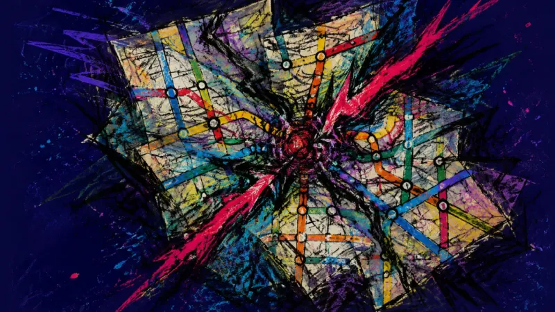 Gridlocked Routes An abstract subway map tangled into gridlock, expressing career choice paralysis, overthinking, and