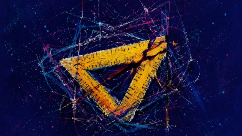 Warped Precision A warped drafting triangle trapped in chaotic marks, representing perfectionism, compulsive setup