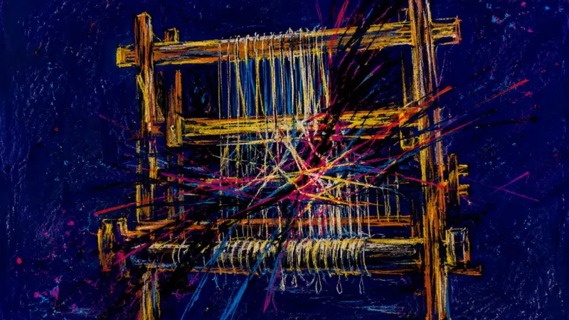 Snared Pattern A distorted loom tangled in crossing lines, representing pressure, invisible overwork, and fear arou