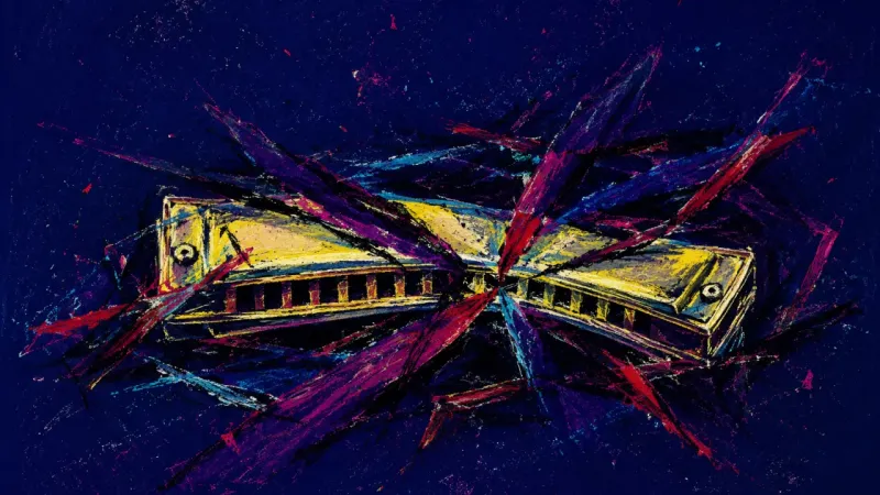 Choked Measure A warped harmonica trapped in chaotic lines, representing shutdown, self-silencing, and inner pressu
