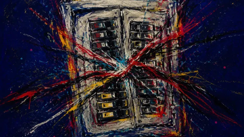 System Under Siege An abstract breaker panel warped by overload and crossed by chaotic marks, expressing paralysis