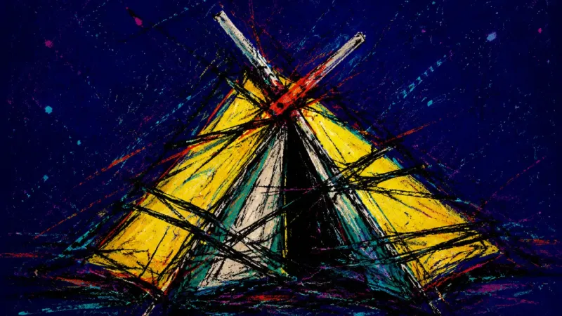 Collapsed Shelter An abstract tent crushed inward by crossed pressure and tangled restraint, expressing micro-commitm