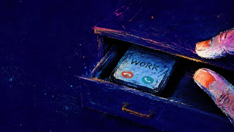 Unfinished Exit A work phone pushed into a drawer that stops before closing, symbolizing guilt about unplugging and